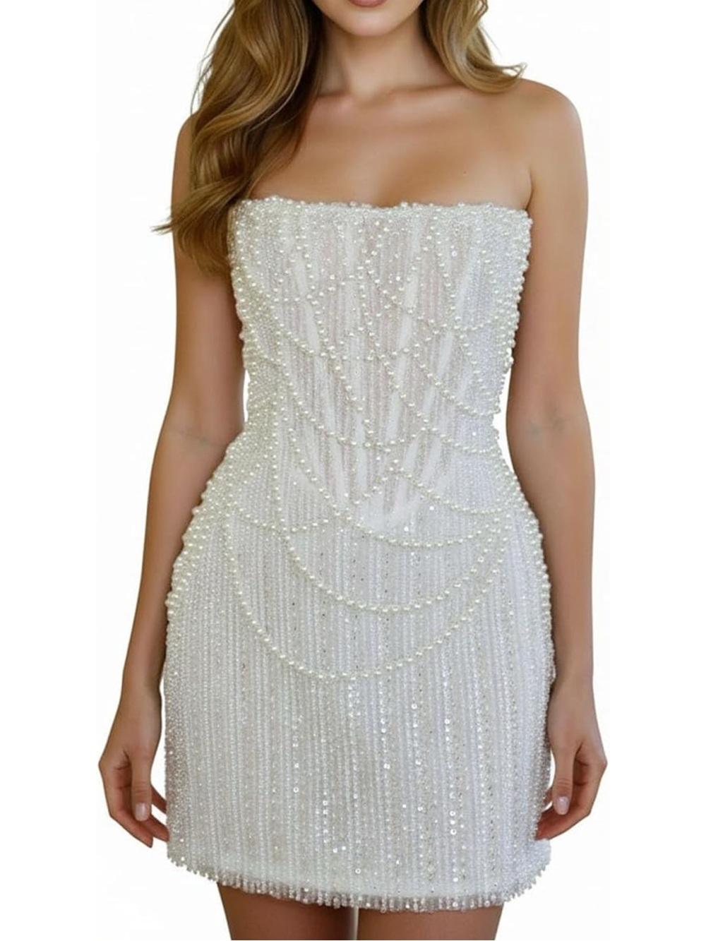 Strapless White Beaded Evening Dress